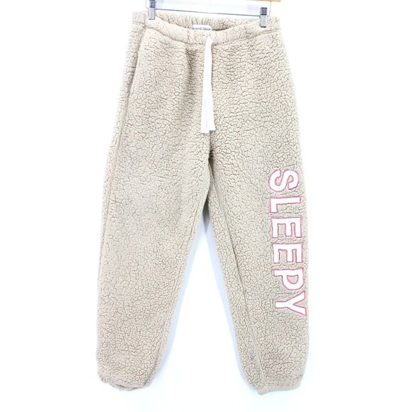 Weekend Edition Sherpa Pants Womens Beige Sleepy Embroidered Drawstring Medium M - Picture 1 of 11